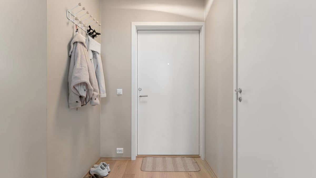 A minimalist apartment entrance showcasing a clean design with wooden flooring and coat hooks.